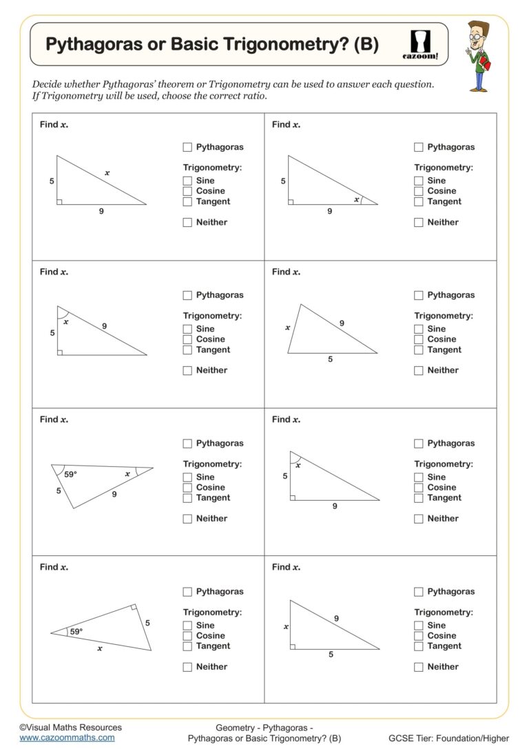 Pythagoras Or Trigonometry B Worksheet Printable PDF For Year 10 And Year 11 Geometry Worksheet