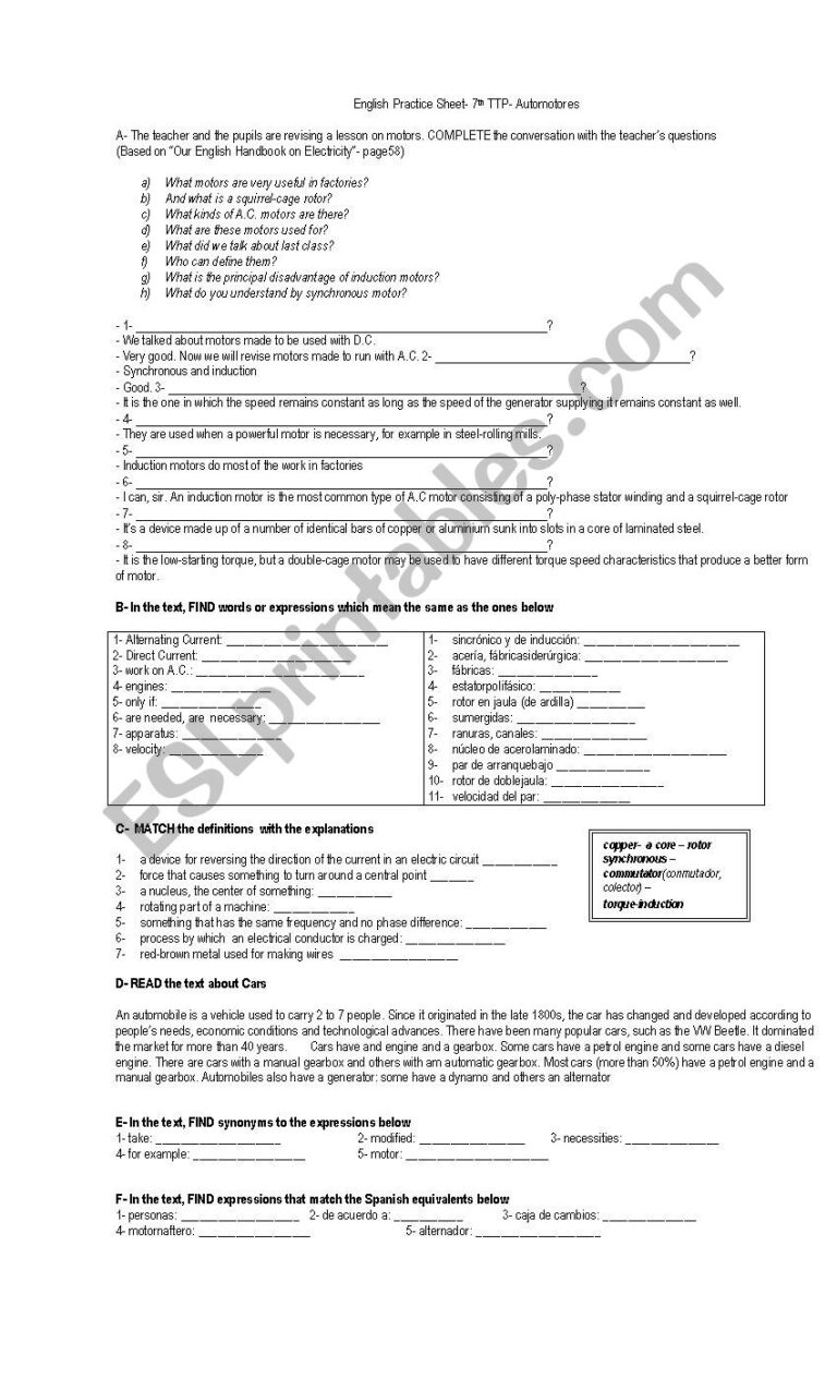 Reading Comprehension Mechanics Automobiles ESL Worksheet By Marielabus73