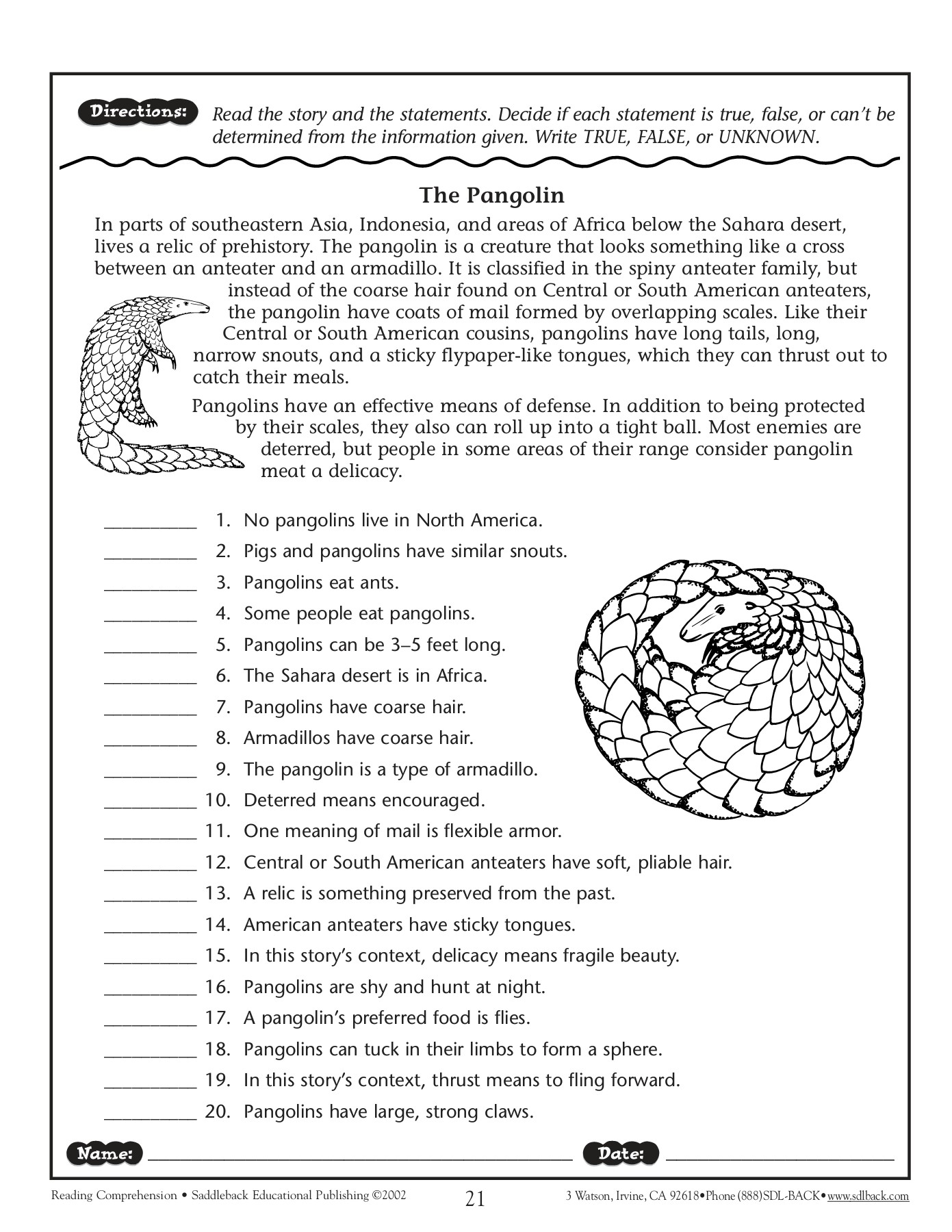The Three Javelinas Reading Comprehension Worksheet