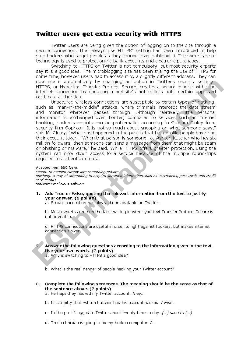 Reading Comprehension Twitter Users Get Extra Security With HTTPS ESL Worksheet By Ange410 Reading Comprehension Twitter Users Get Extra Security With HTTPS ESL Worksheet By Ange410