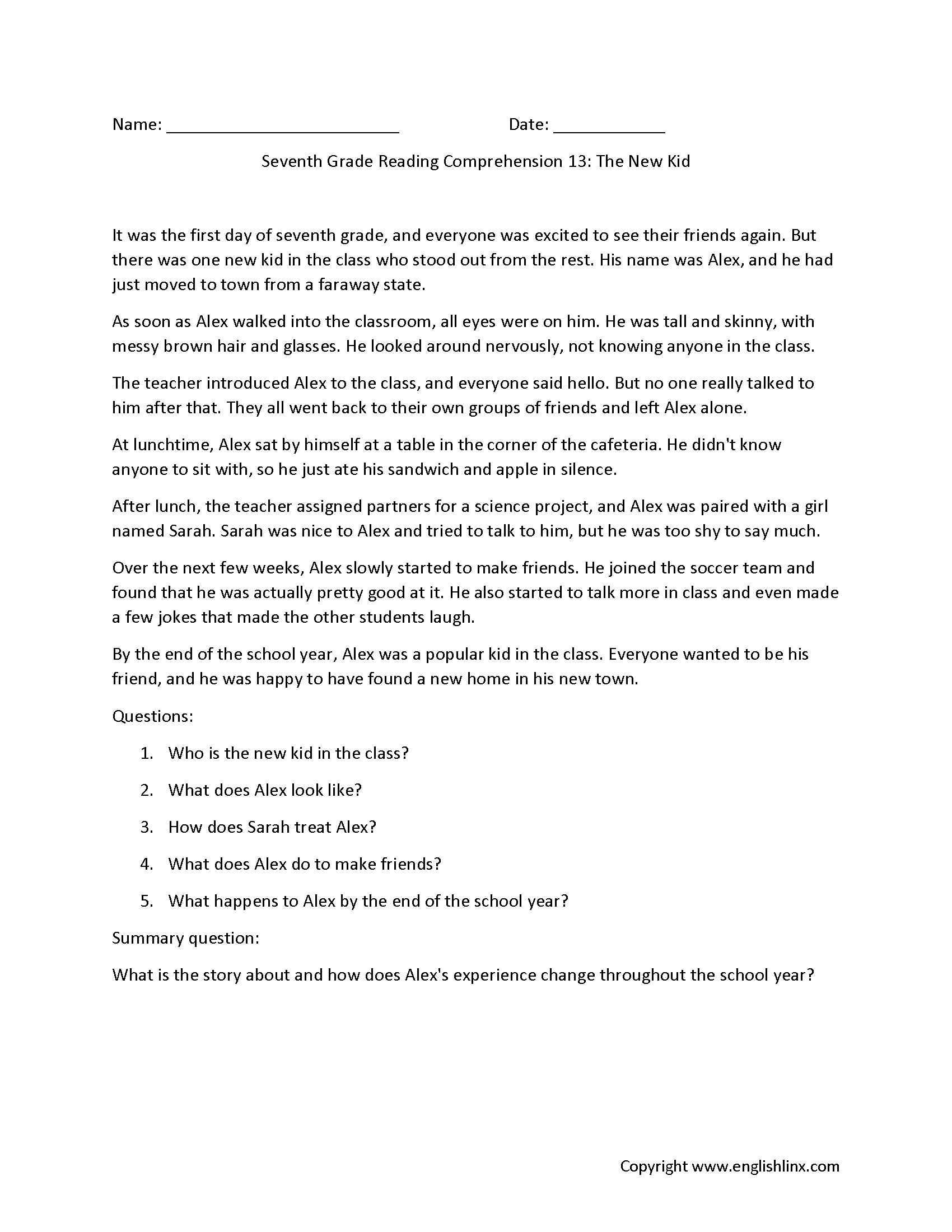 Reading Comprehension Worksheets Seventh Grade Reading  Reading Comprehension Worksheets Seventh Grade Reading