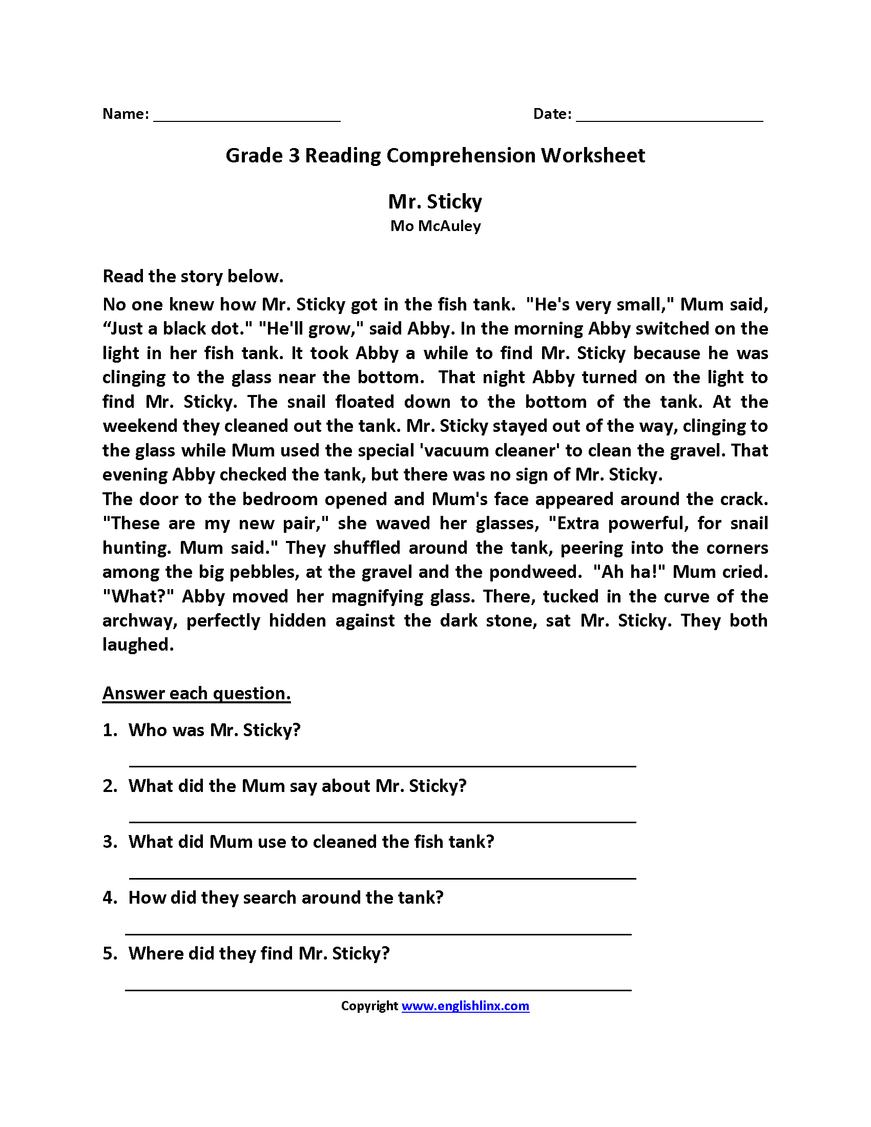 Nad Reading Comprehension Worksheets Grade 3