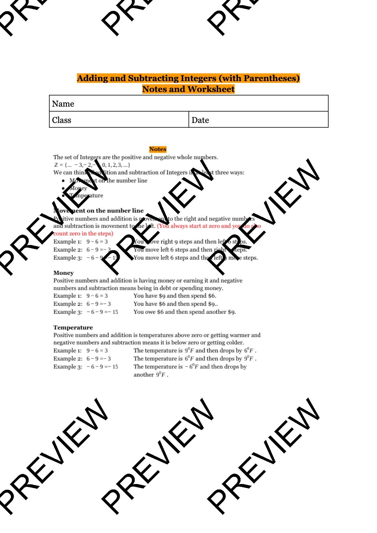 Real Life Math With Adding And Subtracting Integers With Parentheses Worksheet Complete Key Gr5 7 Made By Teachers