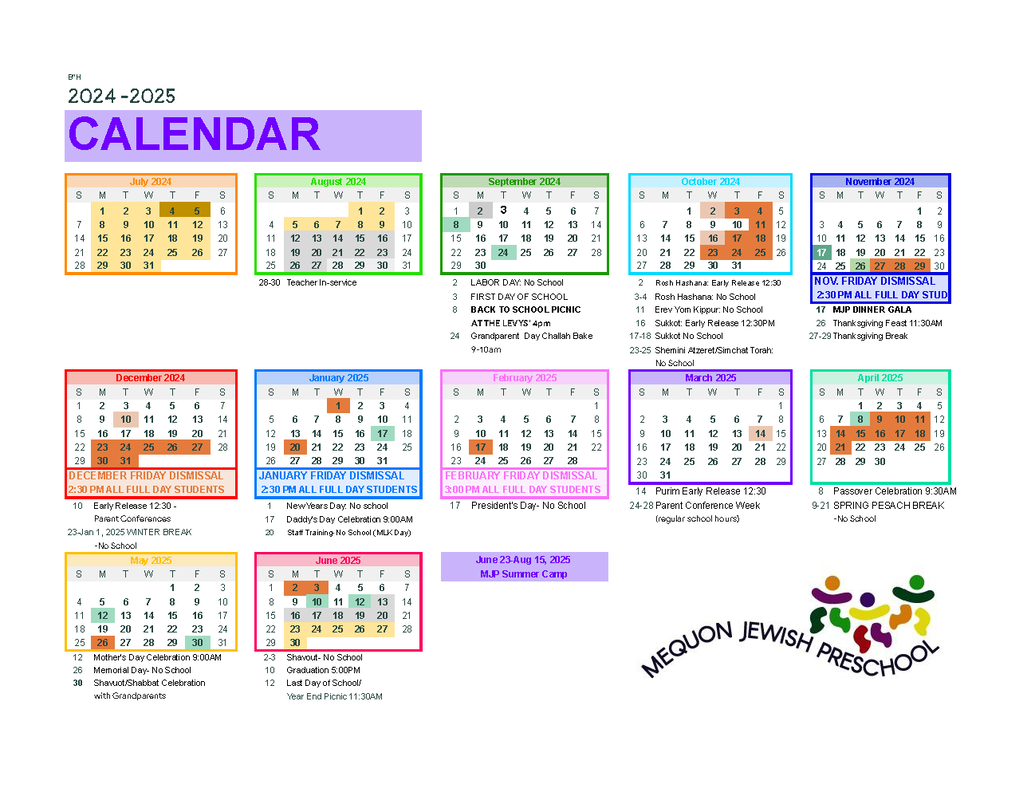 School Year Calendar Mequon Jewish Preschool