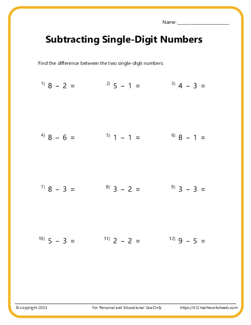 Single Digit Subtraction Worksheets K12 Math Worksheets