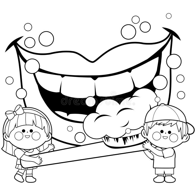 Smiling Mouth Kids Holding A Toothbrush And Brushing Teeth Happy Children Dental Hygiene Vector Black And White Coloring Page Stock Vector Illustration Of Bubbles Black 105368531