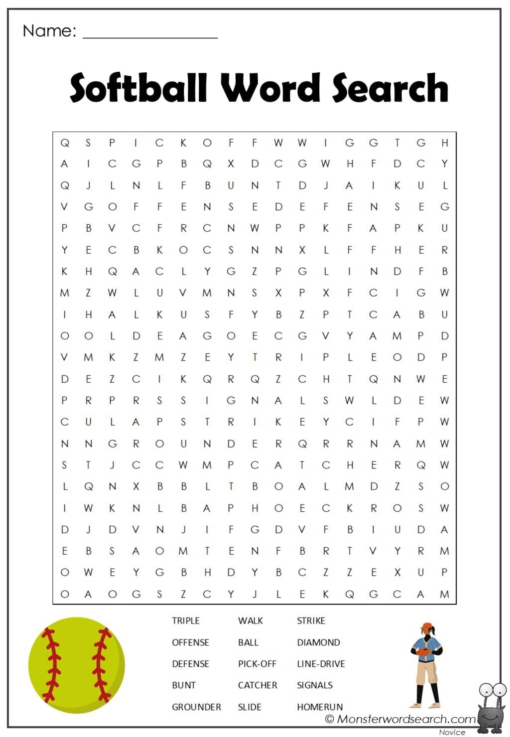 Softball Word Search Monster Word Search