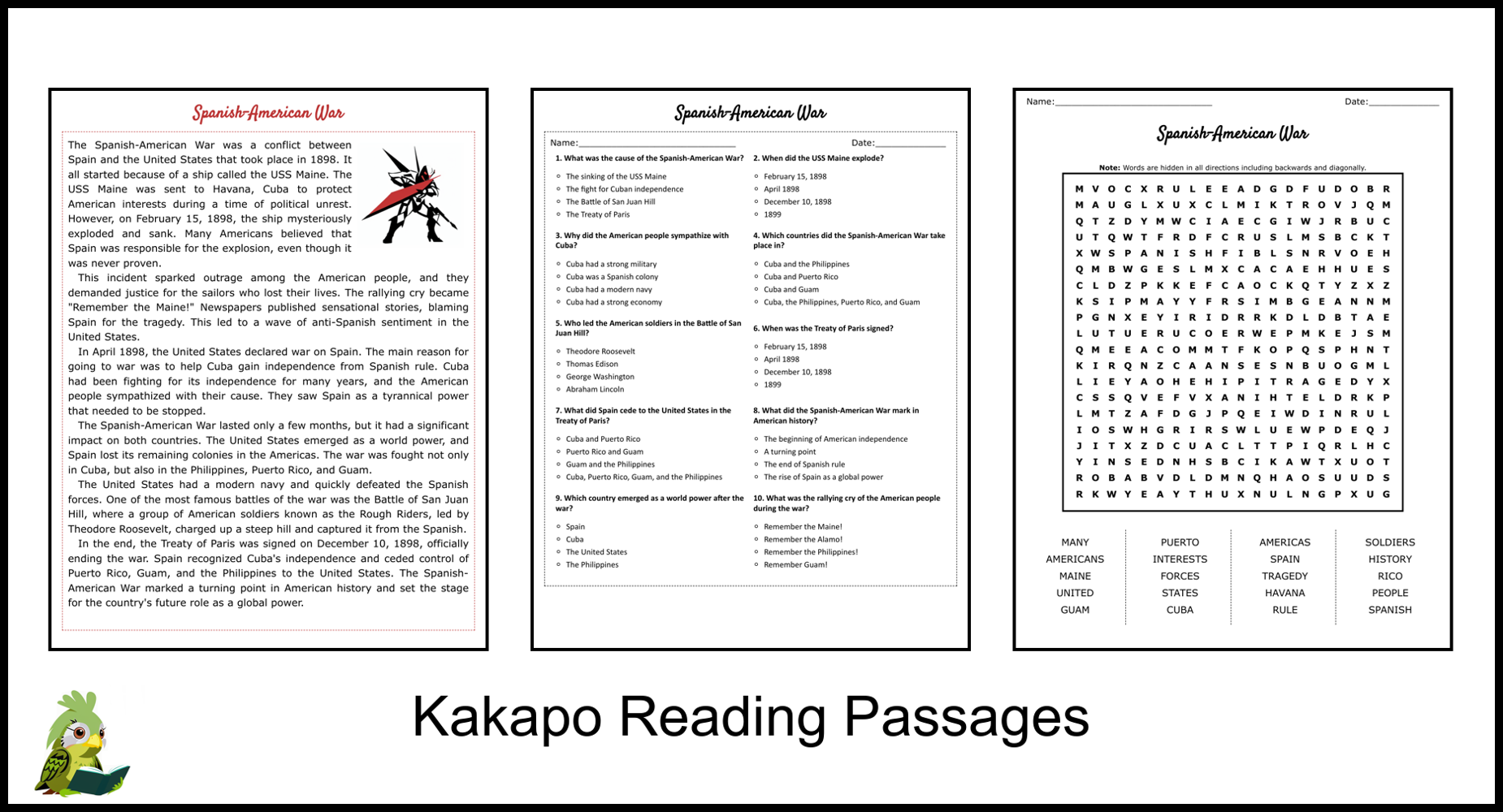 Spanish American War Reading Comprehension And Word Search Teaching Resources
