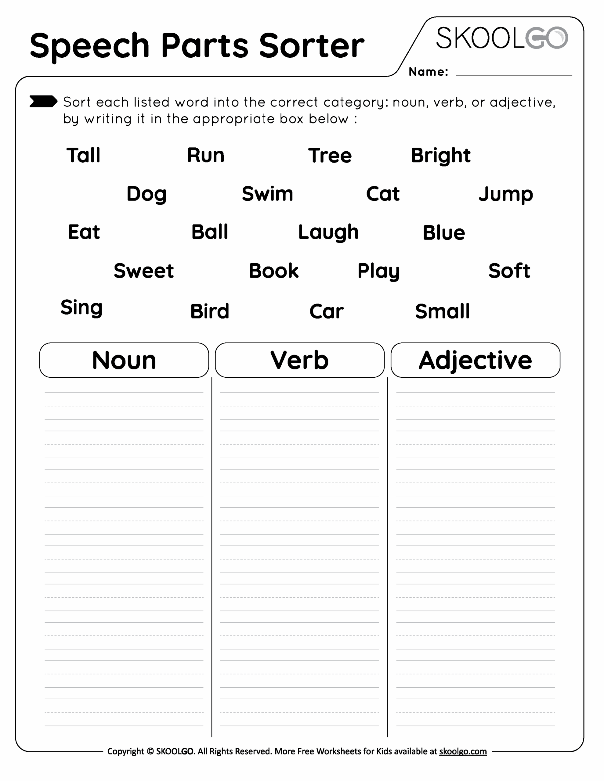 Speech Parts Sorter Free Worksheet For Kids SKOOLGO Worksheets Library
