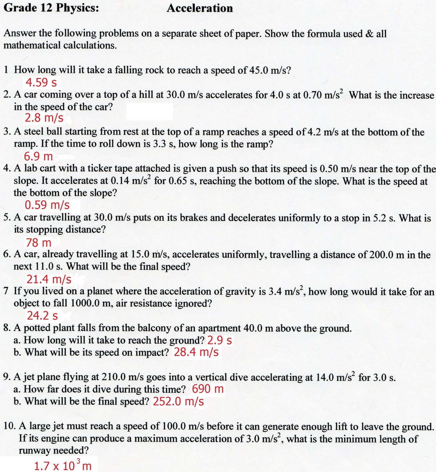 Speed Velocity And Acceleration Calculations Worksheet Lecture 