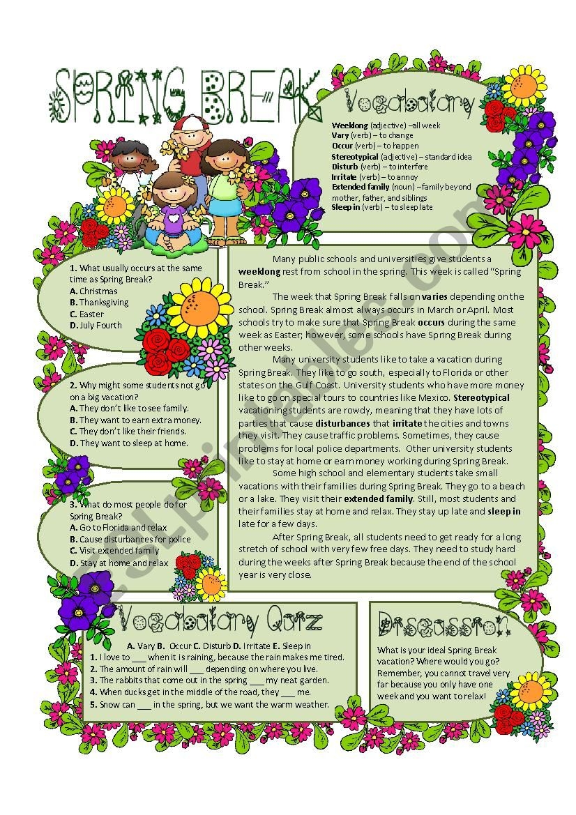 Spring Break ESL Worksheet By Mvblair