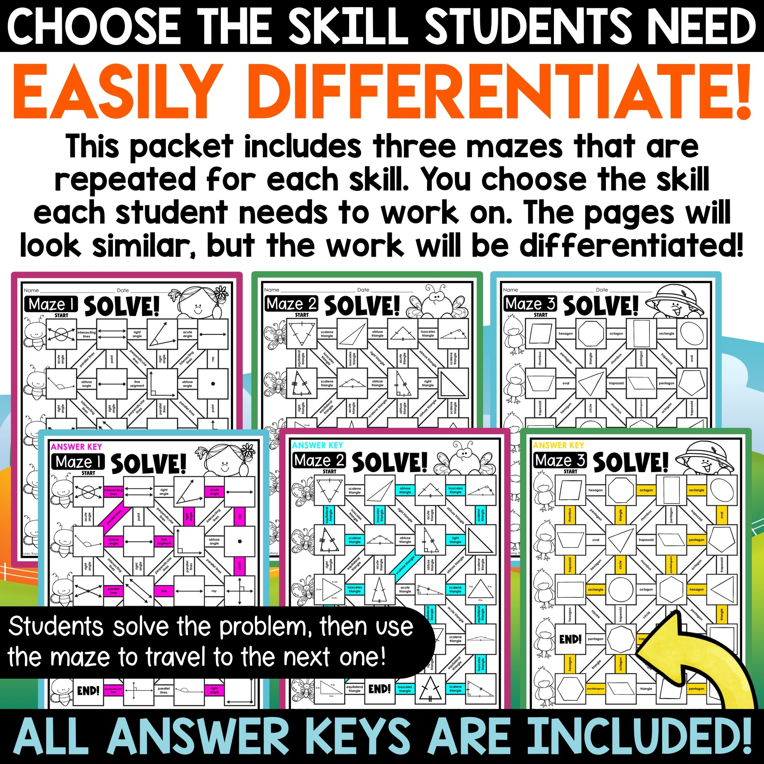 Spring Math Worksheets Geometry Review Angles 2D Shapes Worksheets Math Mazes A Love Of Teaching Kim Miller