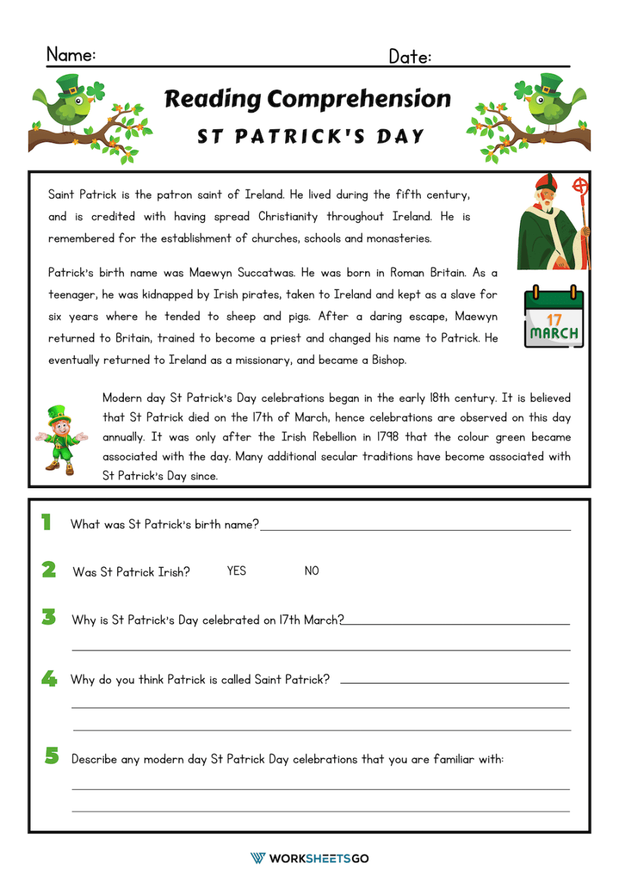 St Patrick s Day Reading Comprehension Worksheets WorksheetsGO