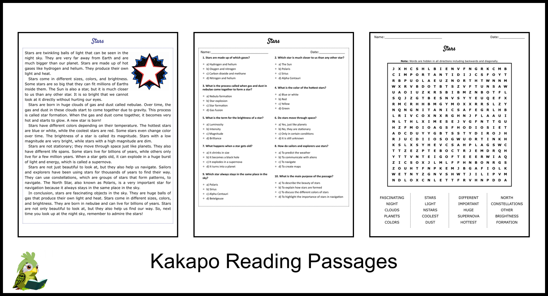 Reading Comprehension Worksheets About Stars