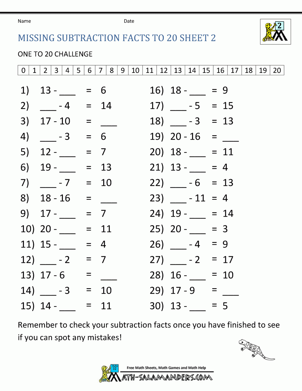Subtraction Facts To 20