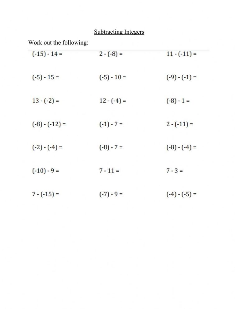 Subtraction Of Integers Interactive Worksheet Live Worksheets