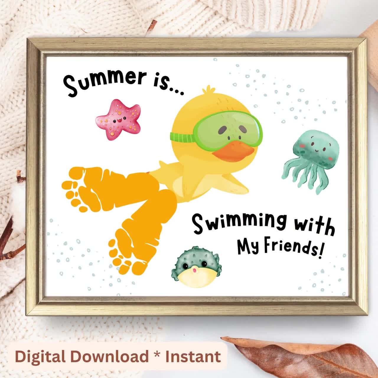 Summer Footprint Craft Duck Under Sea Handprint Art Printable Sign Kids Preschool Daycare Toddler DIY Craft Activity Homeschool Art Craft