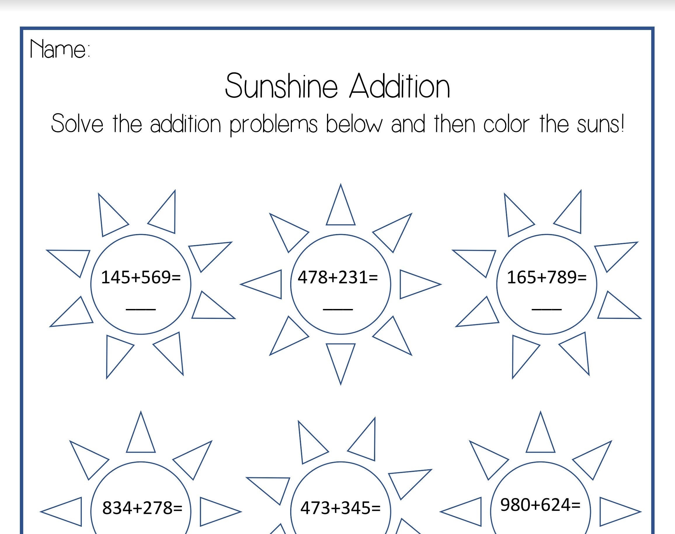 Sunshine Math Worksheets addition Subtraction Multiplication Division Etsy