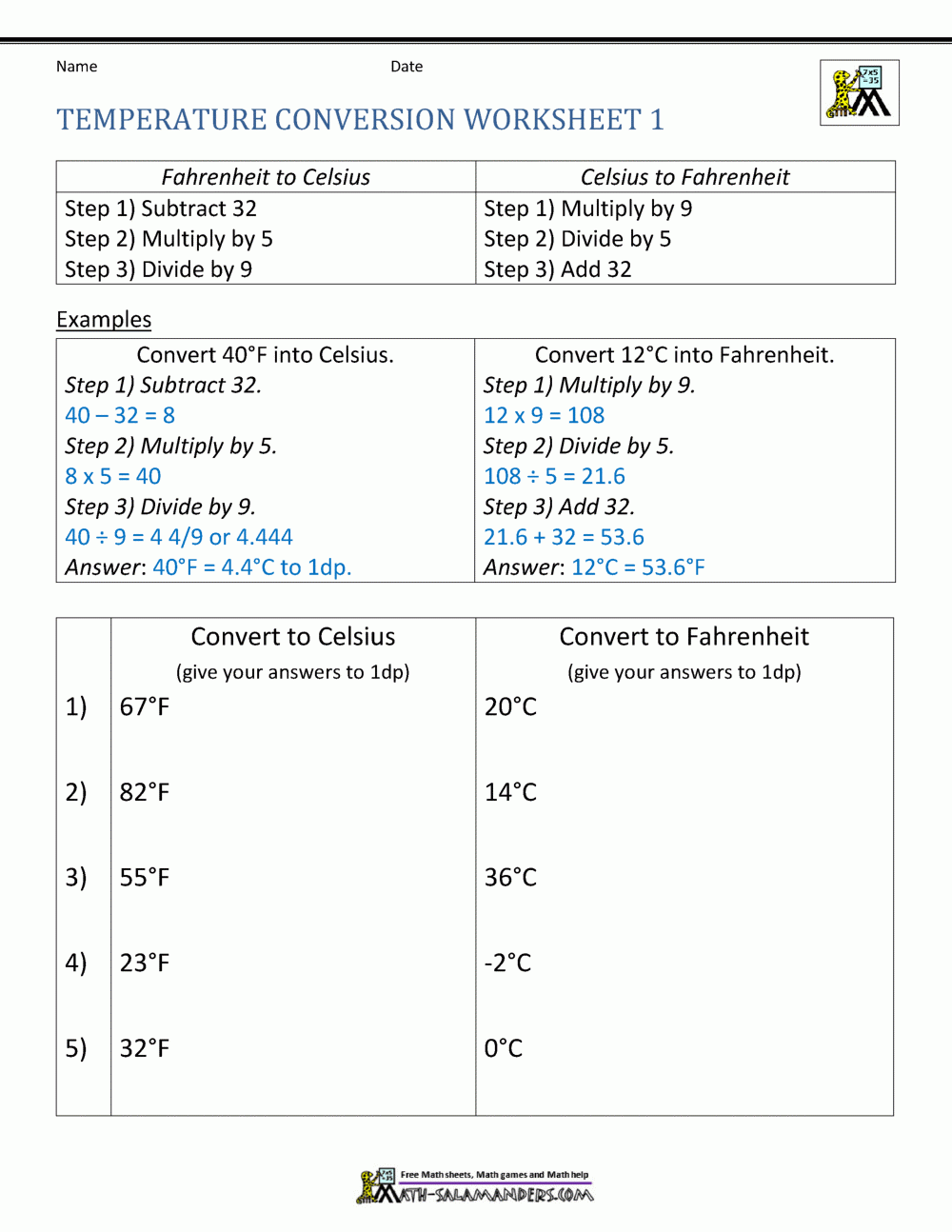 Temperature Conversion Worksheet Temperature Conversion Worksheet