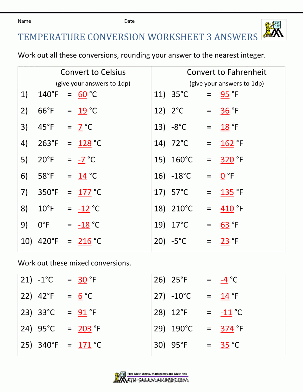Temperature Conversion Worksheet Temperature Conversion Worksheet