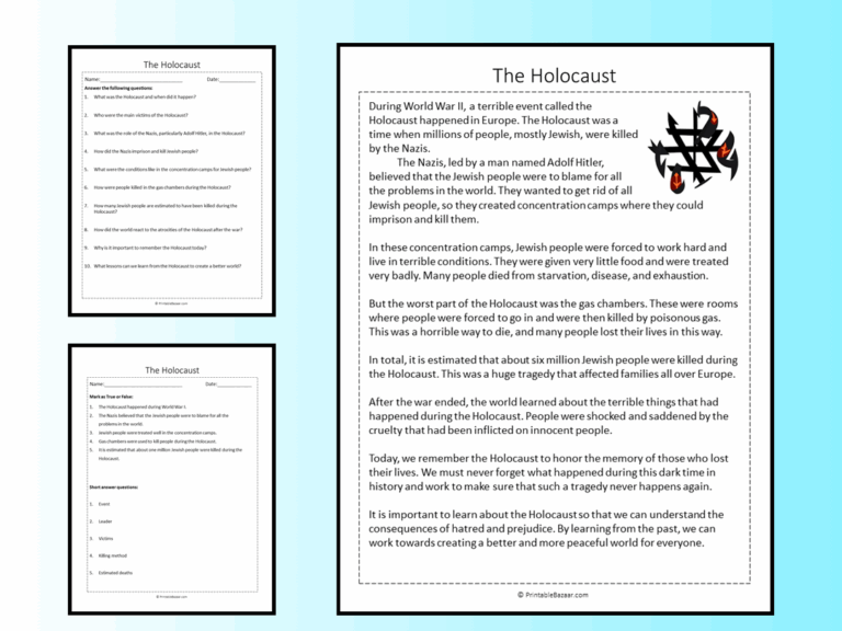 The Holocaust Reading Comprehension Passage Printable Worksheet Teaching Resources