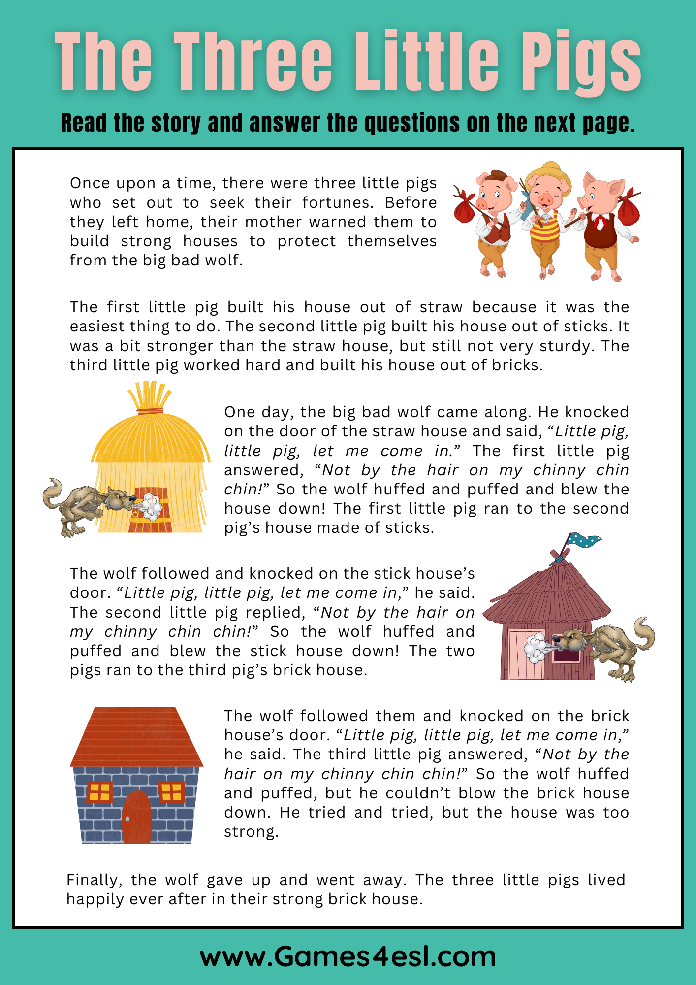 The Three Little Pigs Reading Worksheet Games4esl