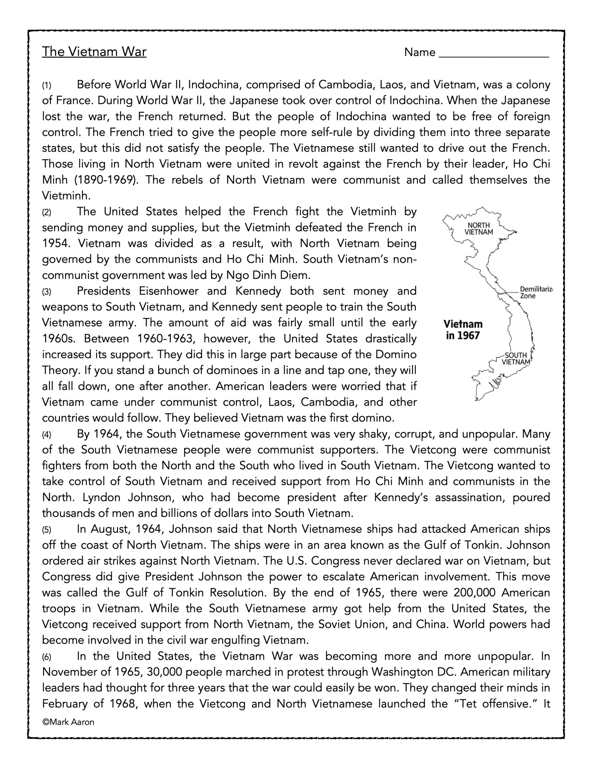 The Vietnam War Reading Comprehension Passage And Assessment Classful