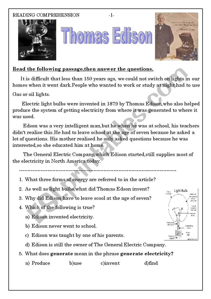 Thomas Edison ESL Worksheet By Ashraf Amir Thomas Edison ESL Worksheet By Ashraf Amir