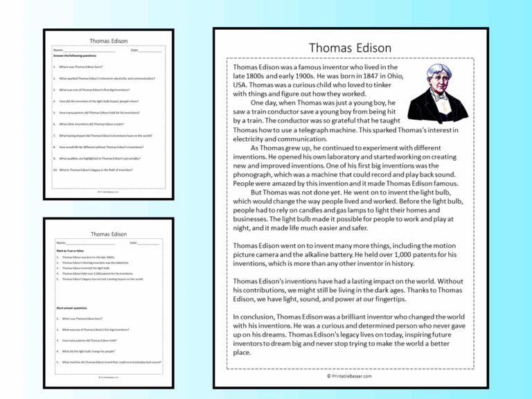 Thomas Edison Reading Comprehension Passage Printable Worksheet Teaching Resources