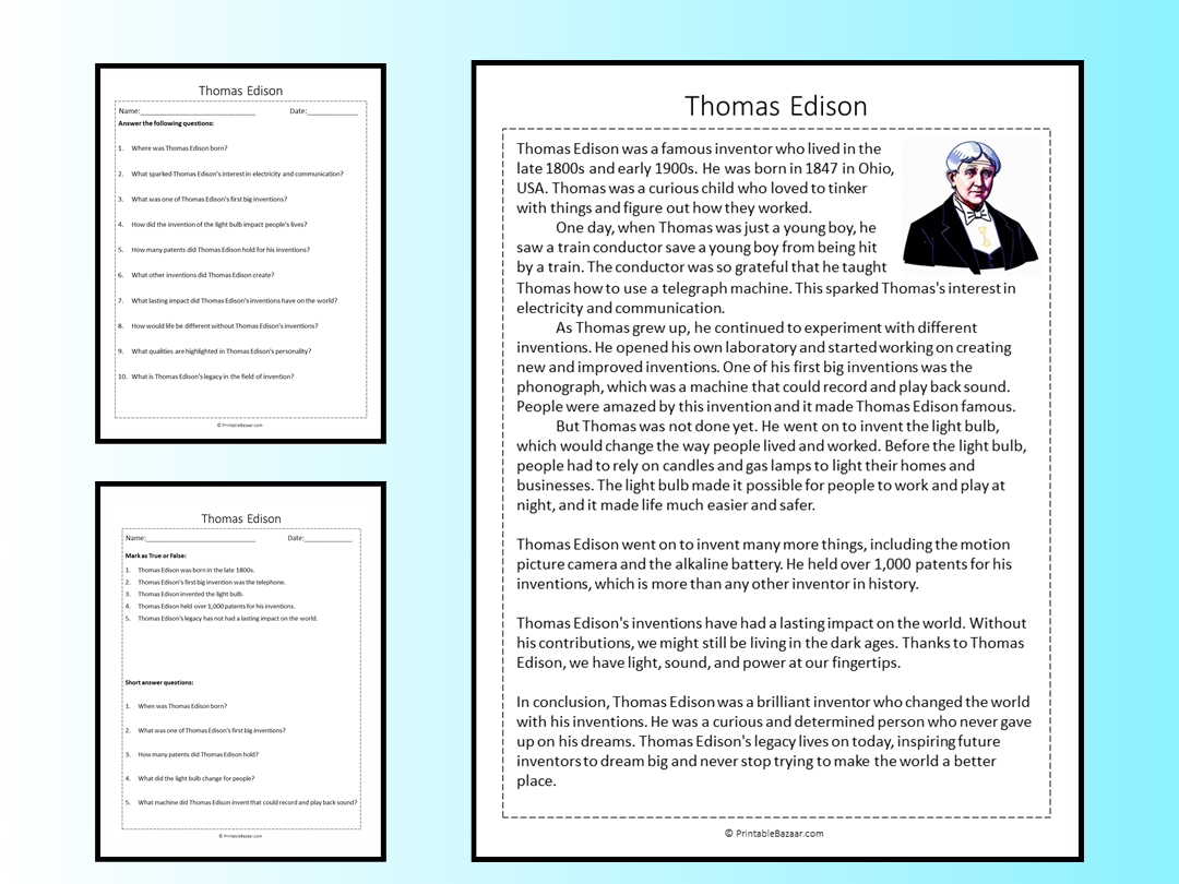 Thomas Edison Reading Comprehension Passage Printable Worksheet Thomas Edison Reading Comprehension Passage Printable Worksheet