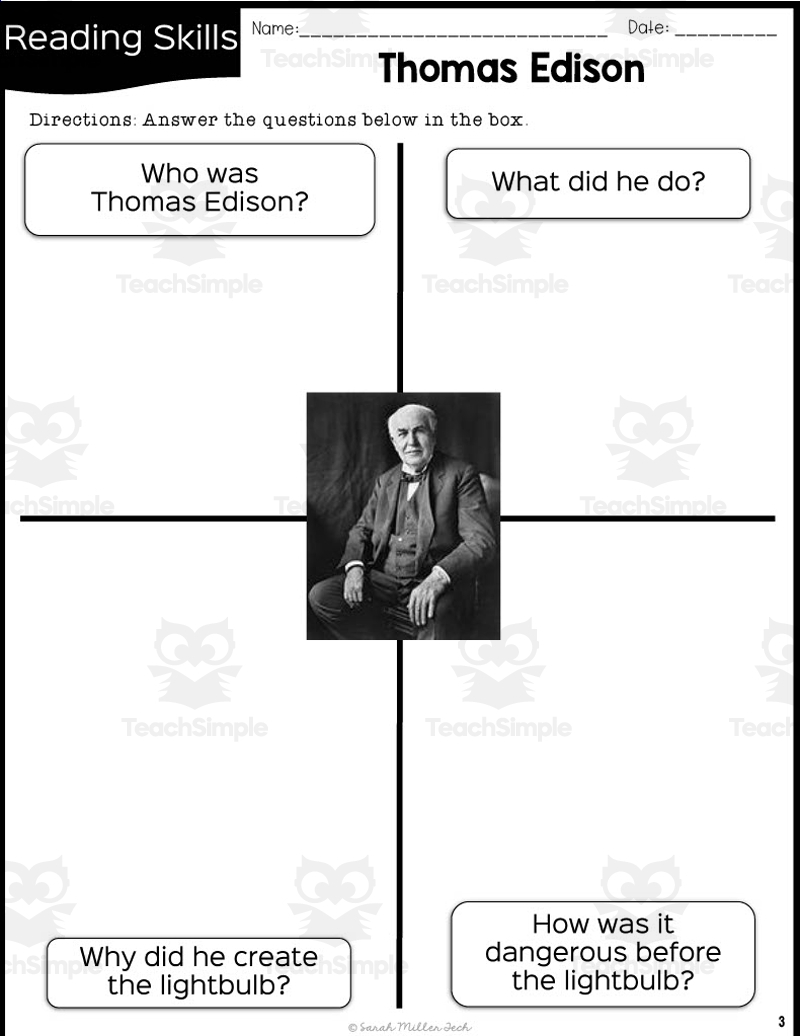 Thomas Edison Reading Comprehension Worksheet Thomas Edison Reading Comprehension Worksheet