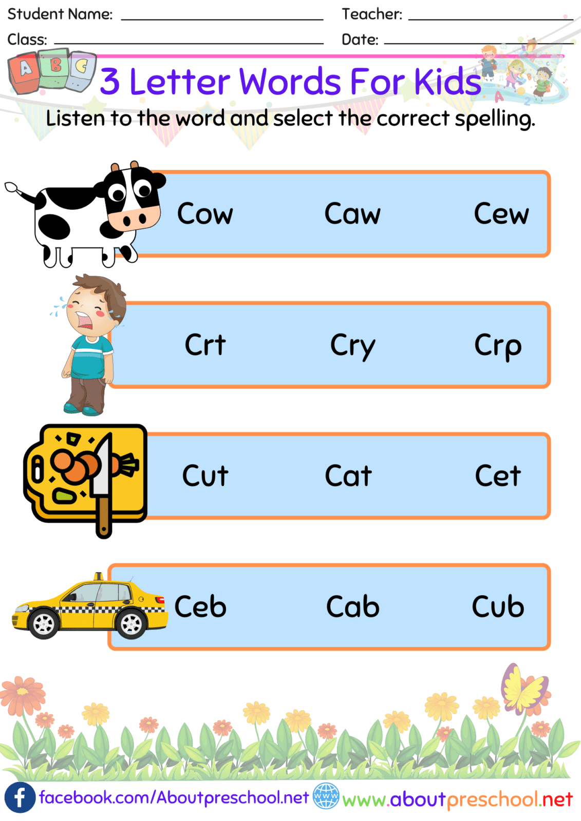 Three Letter Words Worksheet For Kindergarten
