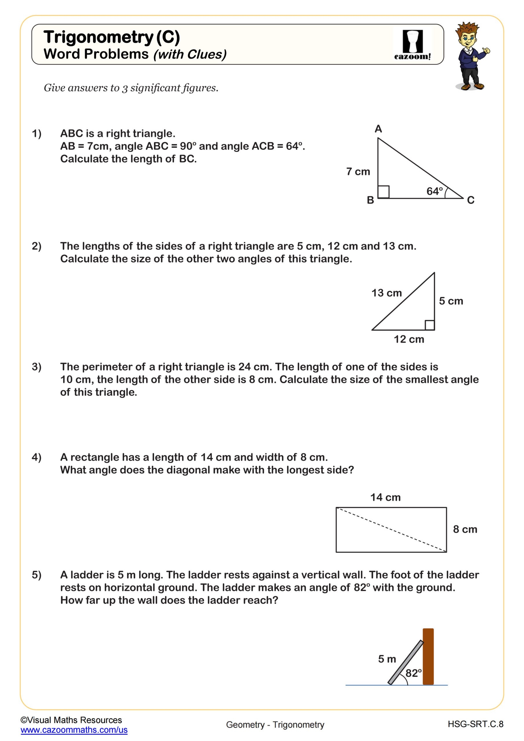 Trigonometic Ratios SOH CAH TOA Word Problems With Clues Worksheet PDF Printable Geometry Worksheet