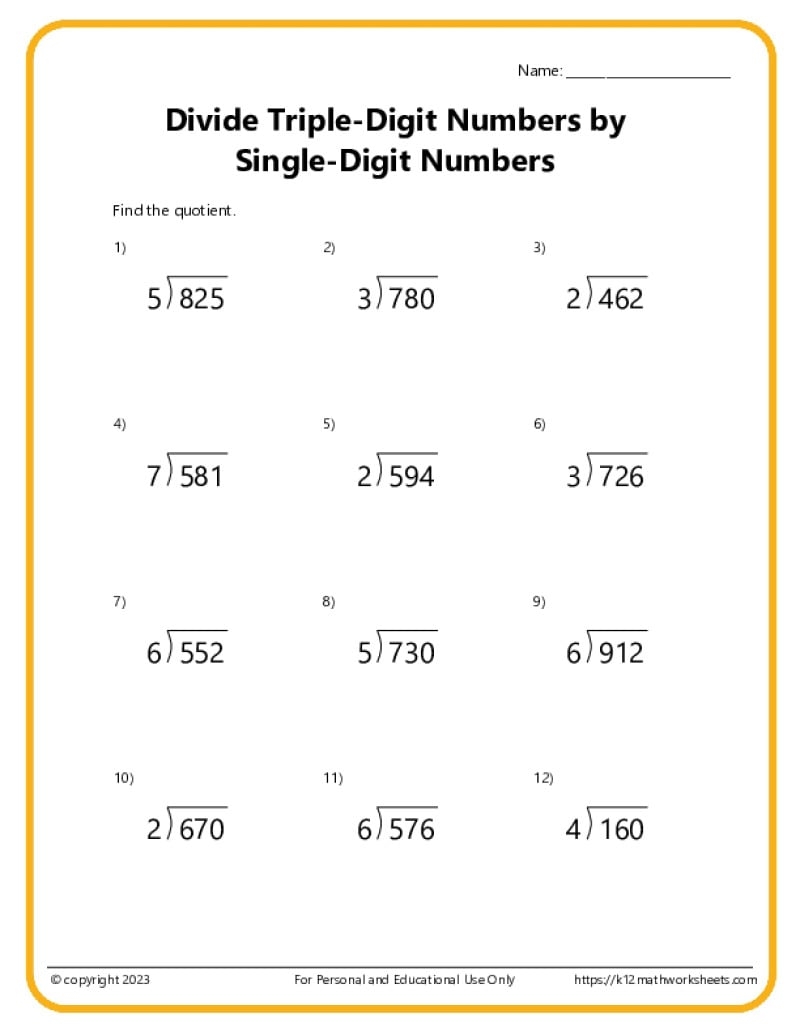 Triple Digit Division K12 Math Worksheets