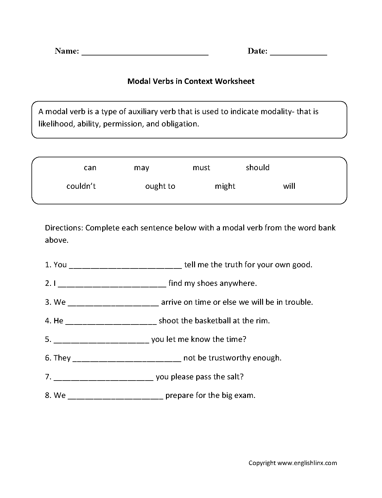 Verbs Worksheets Modal Verbs Worksheets