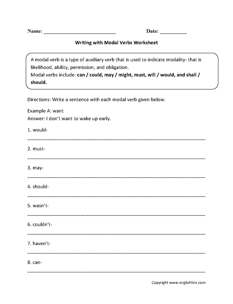 Verbs Worksheets Modal Verbs Worksheets