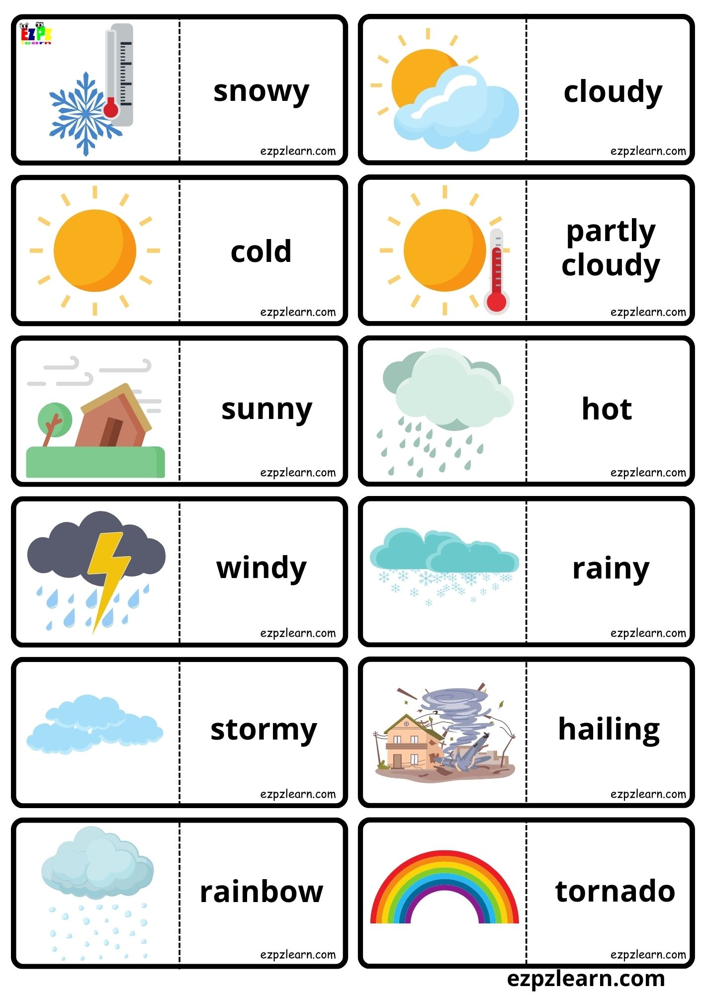 Weather Vocabulary Dominoes Matching Game For Kids And English Language Learners Free PDF Download Ezpzlearn