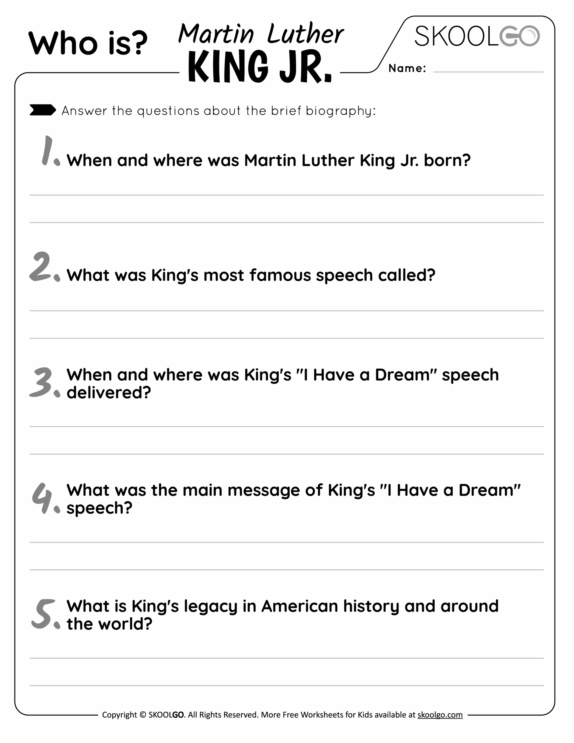 Who Is Martin Luther King Jr Free Worksheet SKOOLGO