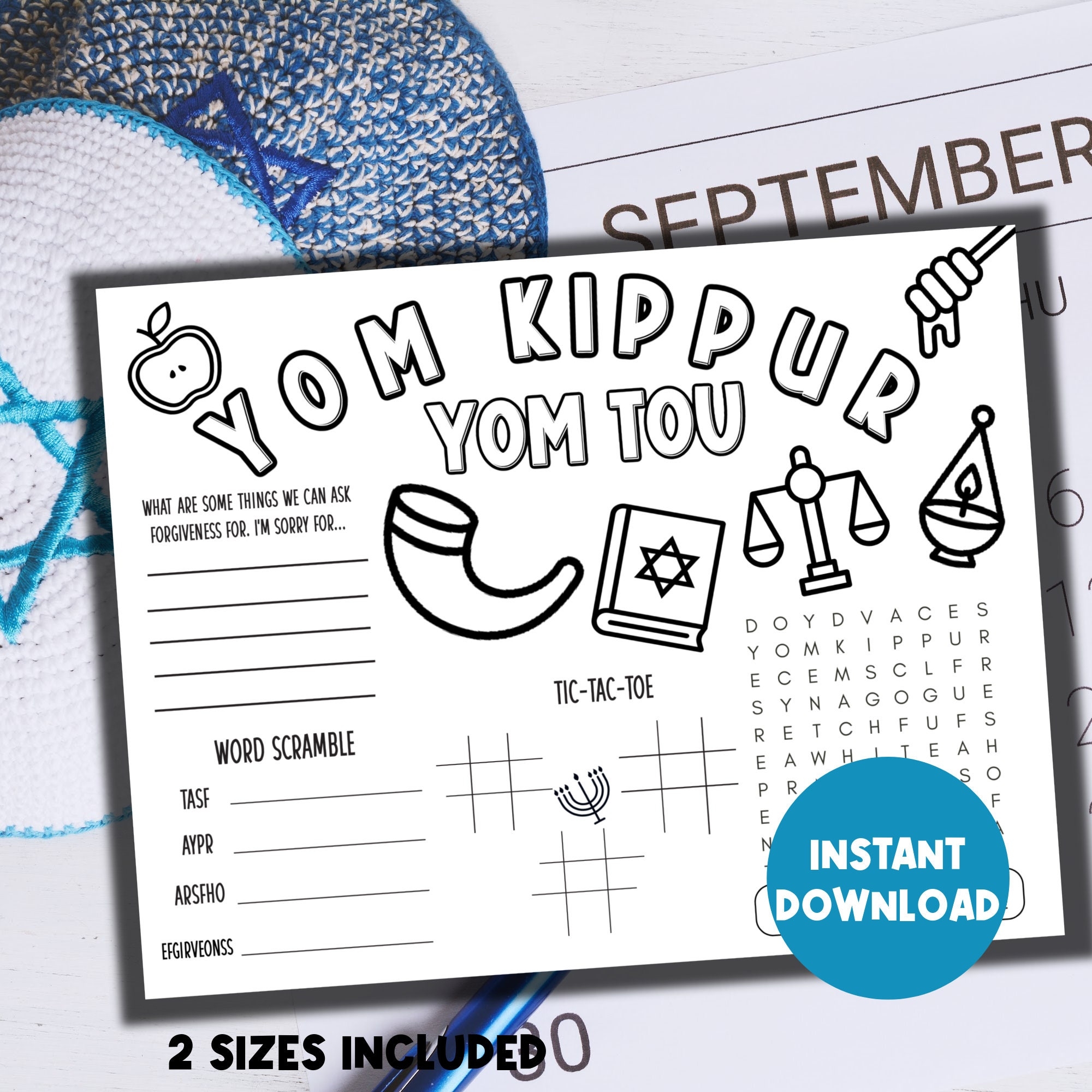 Yom Kippur Coloring Placemat Yom Kippur Activity Sheet For Kids Printable Yom Kippur Games Jewish Holiday Games Jewish Printables Etsy